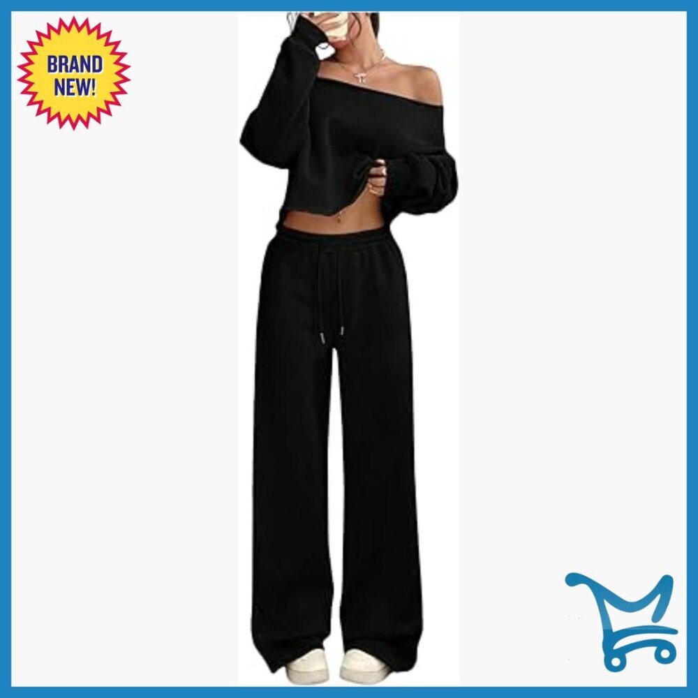 Large Polyester Sweatsuit Set Off Shoulder Crop Top Wide Leg Pants